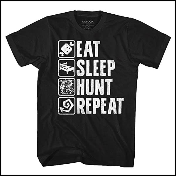 A black shirt with white font saying "eat sleep hunt repeat"