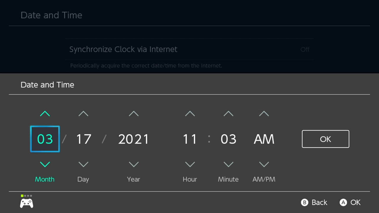 An on-screen date and time clock adjuster for Nintendo Switch