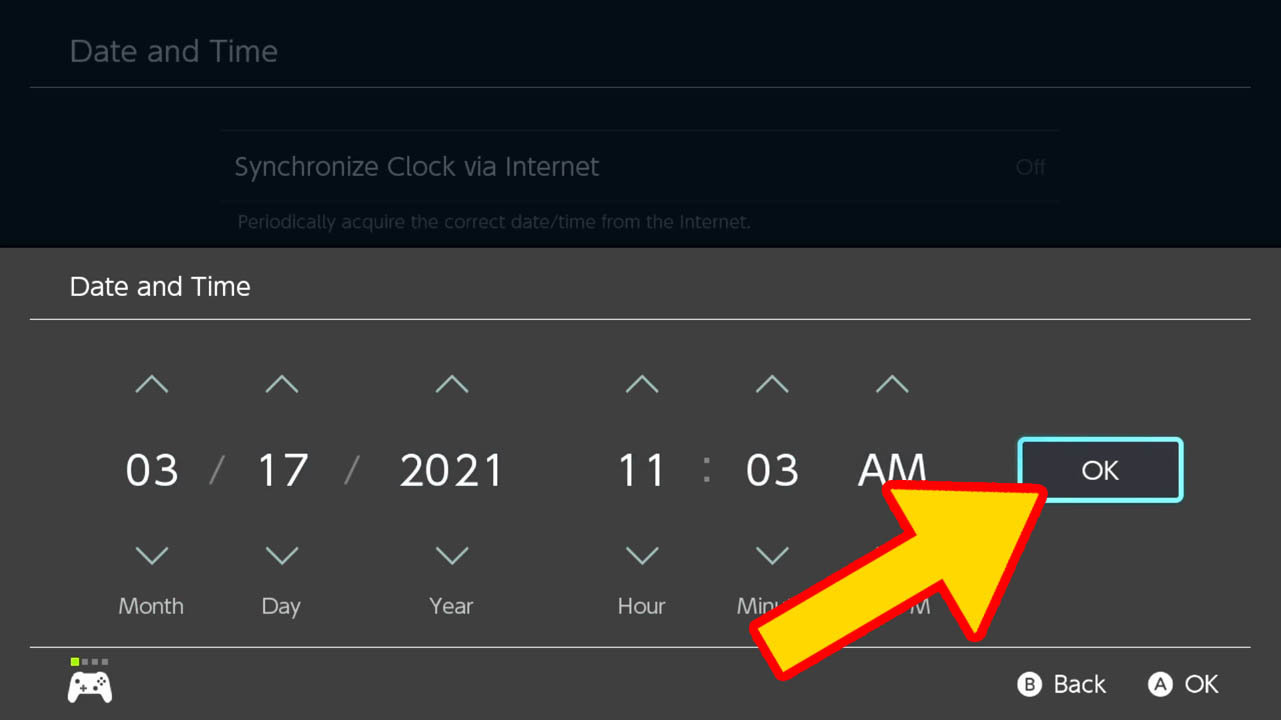 An on-screen date and time clock adjuster for Nintendo Switch with a yellow arrow pointing at the word OK