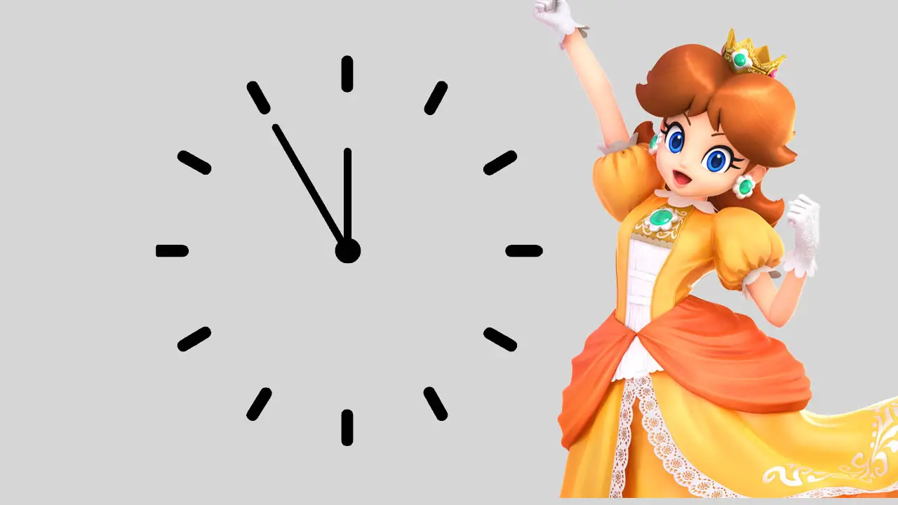 Gray background with an anlog clock and princess daisy standing next to it