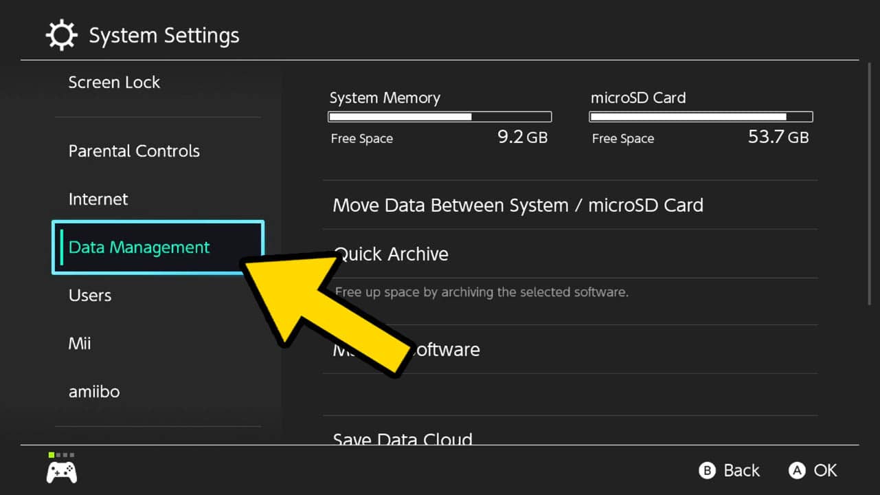 A row of Switch menu options with a yellow arrow pointing at one on the left and more options on the right