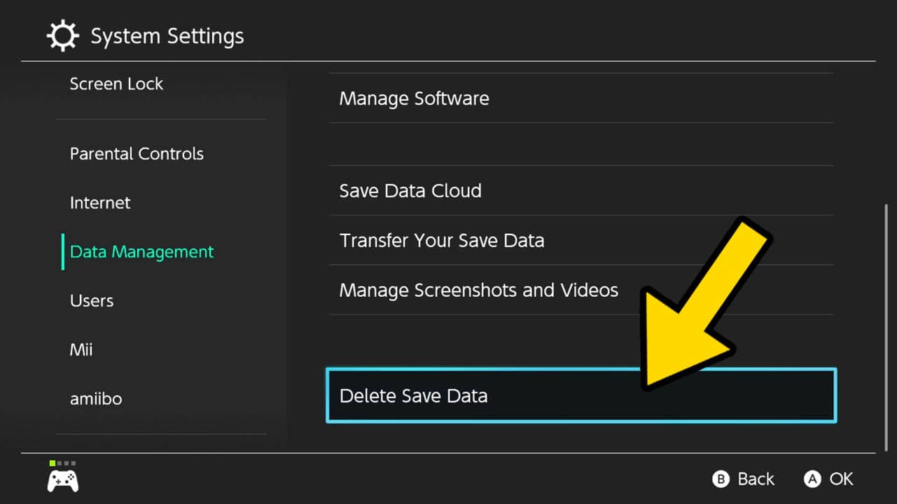 A list of Switch options on the left and more options on the right with a yellow arrow pointing at the bottom most option