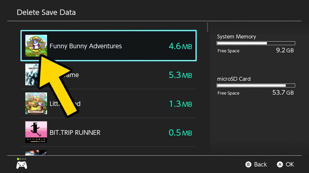 A column of game icons with their file sizes next to them (Switch settings screen); with a yellow arrow pointing to a game icon