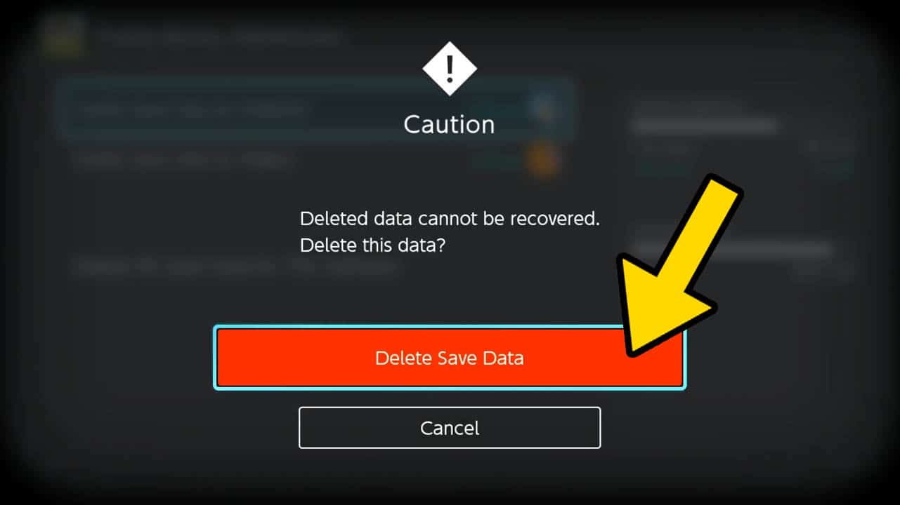 A caution screen saying deleted data can't be recoverd with a yellow arrow pointing at the Delete Save Data option