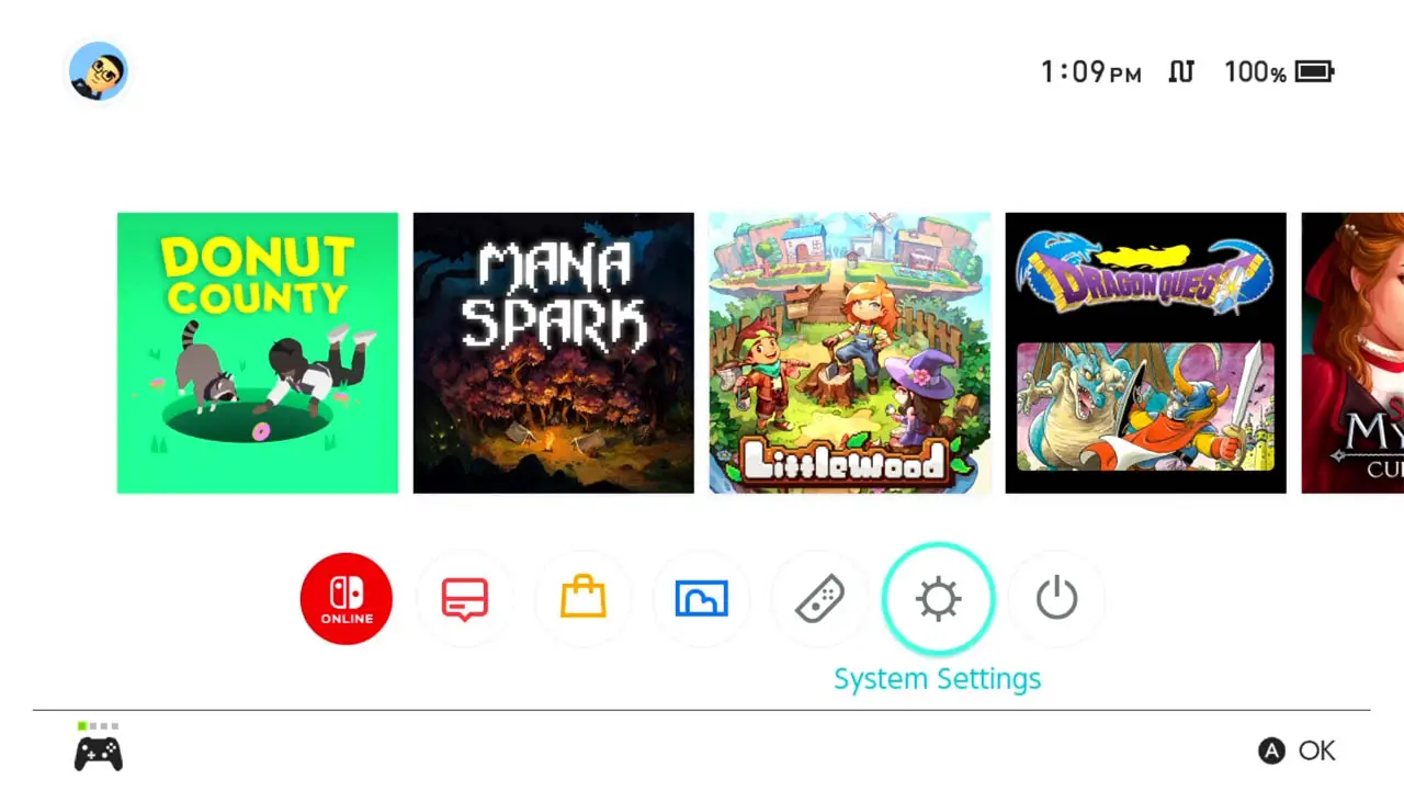 Nintendo Switch HOME Menu in standard colors, light theme