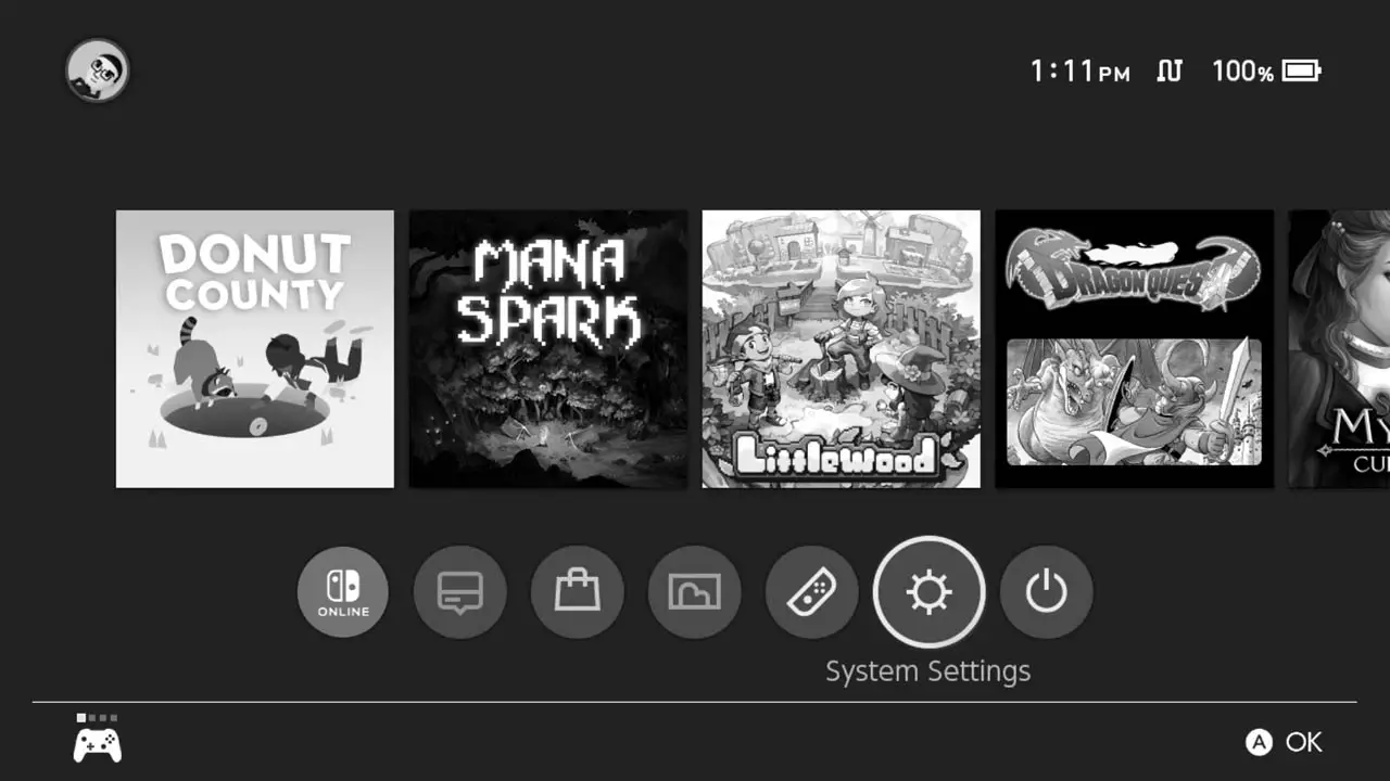 Nintendo Switch HOME Menu in grayscalec olors