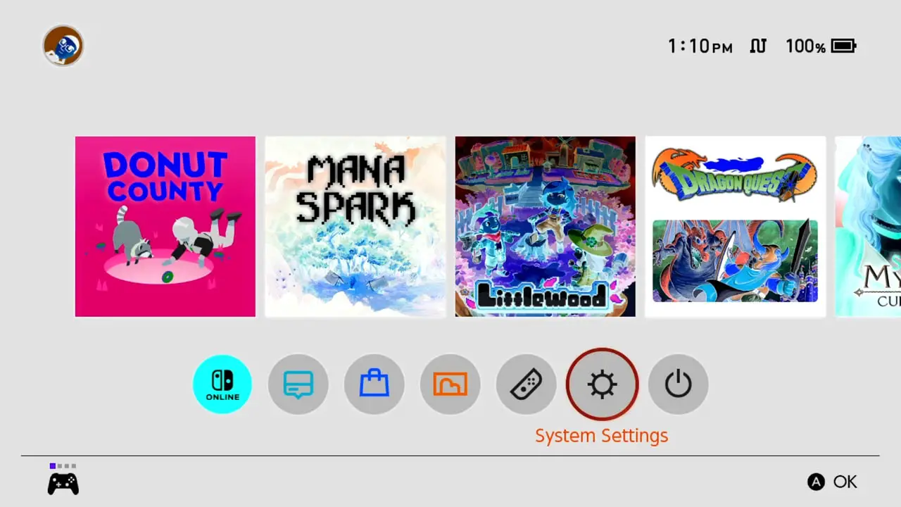 Nintendo Switch HOME Menu in inverted colors