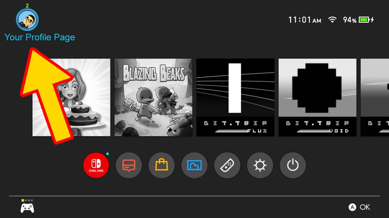 Switch HOME Menu with a row of game icons; yellow arrow pointing at the player icon in the top left corner