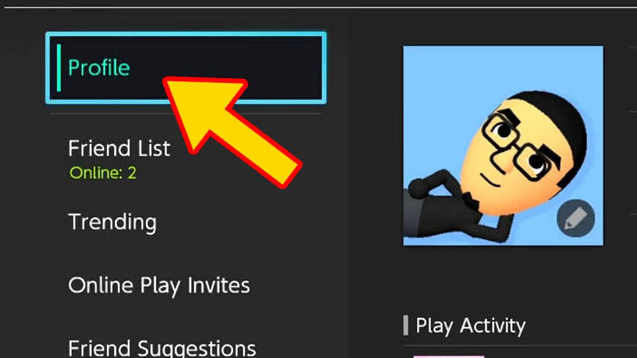 Nintendo Switch gray menu screen with a list of options in white text; yellow arrow pointing at Nintendo Switch Profile menu tab