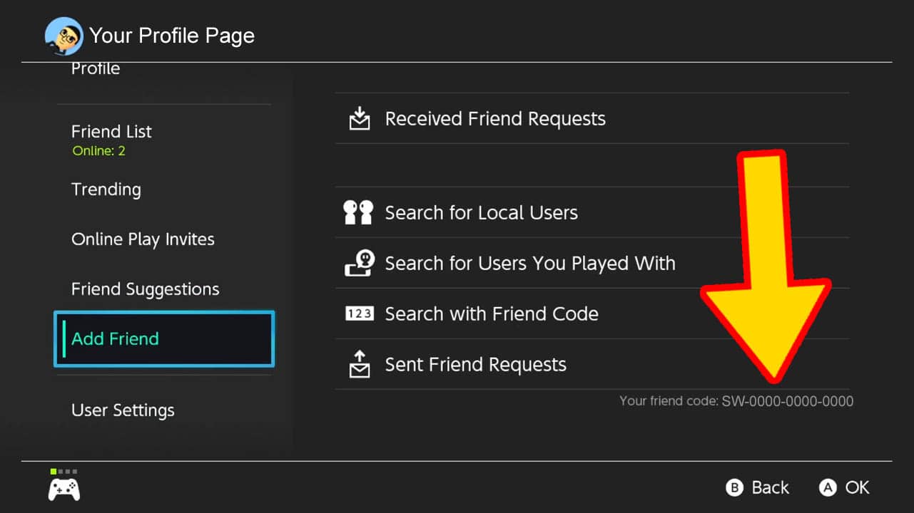 Nintendo Switch gray menu screen with a list of options in white text; yellow arrow pointing at Nintendo Switch Friend Code
