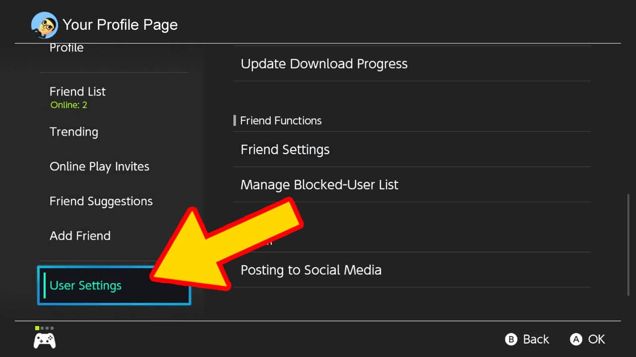 Nintendo Switch gray menu screen with a list of options in white text; yellow arrow pointing at Nintendo Switch User Settings menu tab