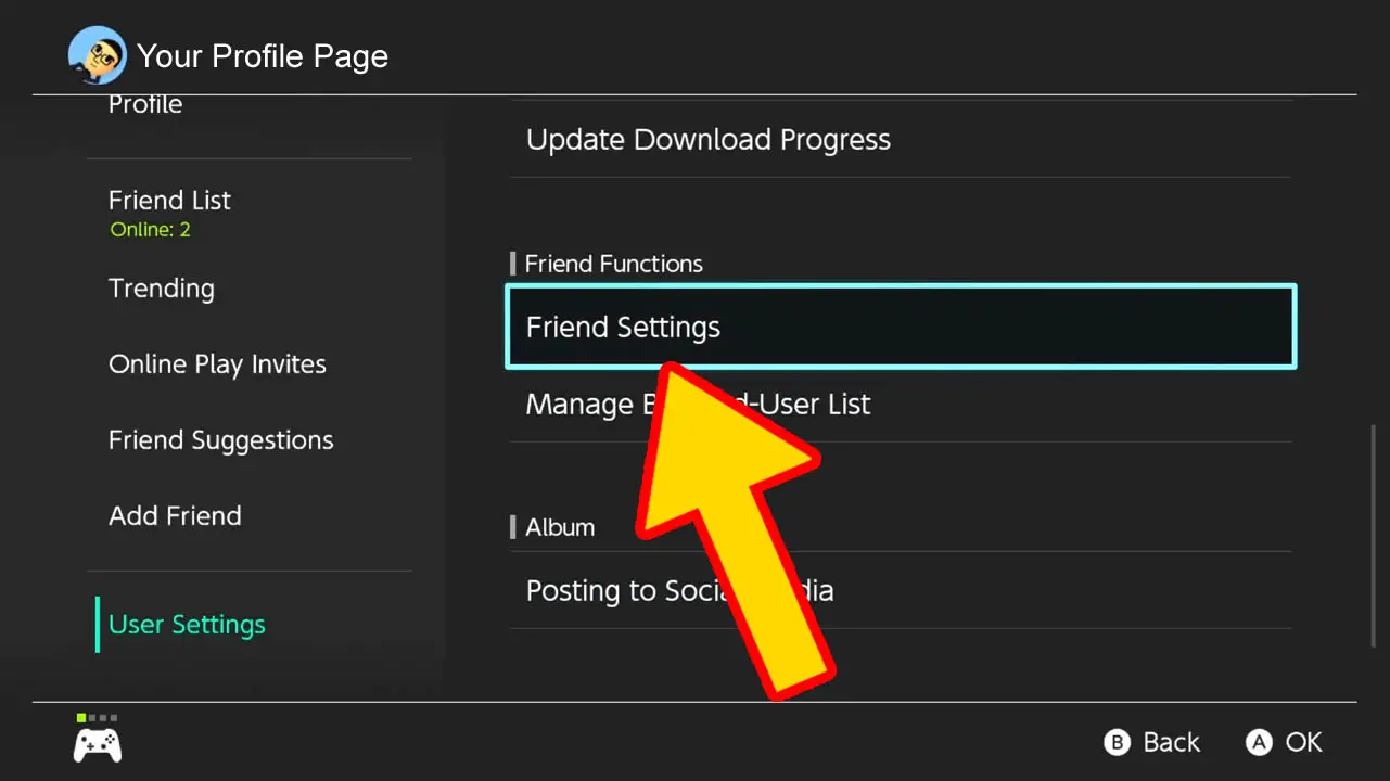 Nintendo Switch gray menu screen with a list of options in white text; yellow arrow pointing at Nintendo Switch Friend Settings menu tab