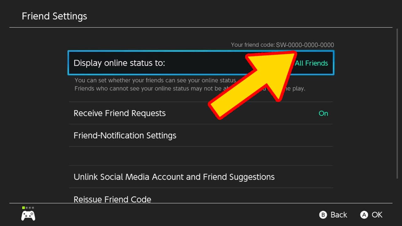 Nintendo Switch gray menu screen with a list of options in white text; yellow arrow pointing at Nintendo Switch Friend Code