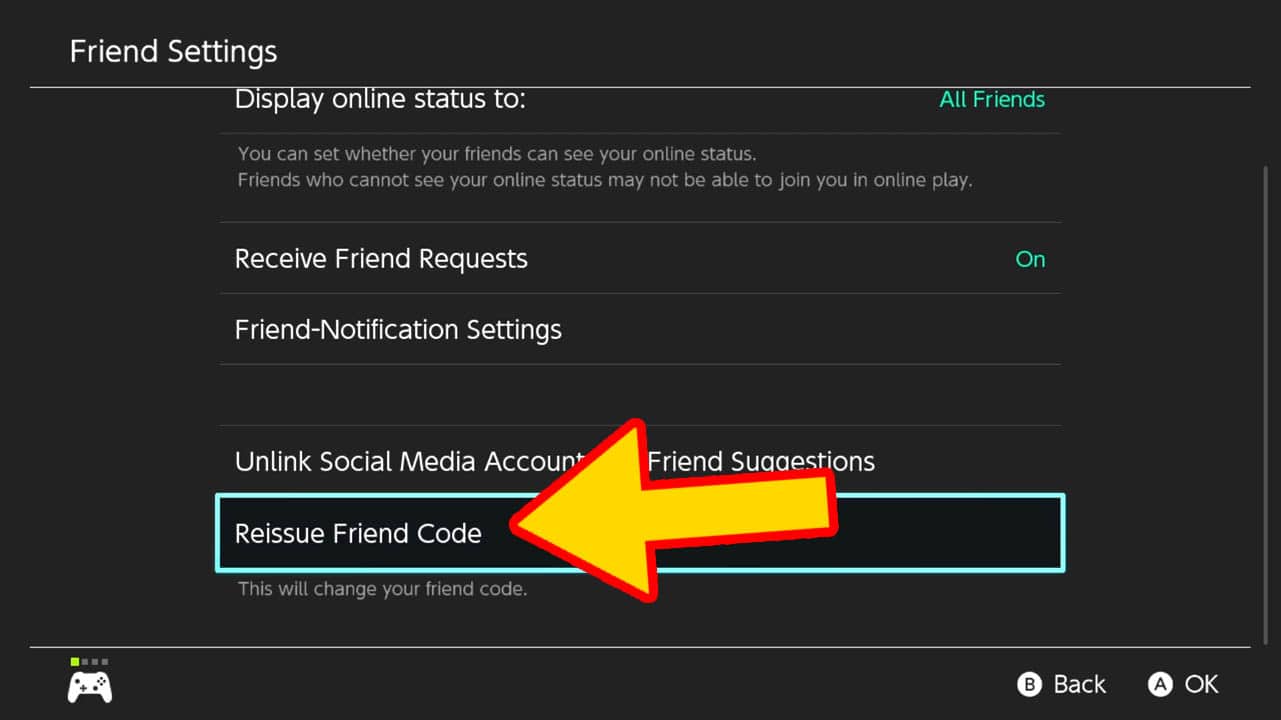 Nintendo Switch gray menu screen with a list of options in white text; yellow arrow pointing at Nintendo Switch Reiisue Friend Code option