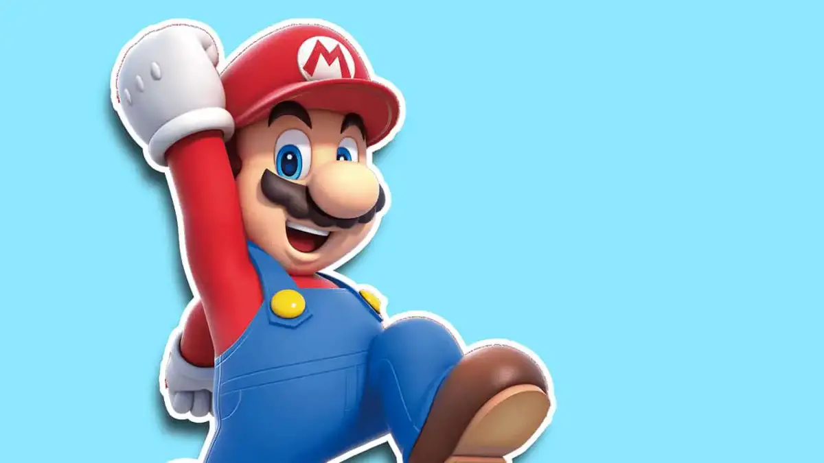 Mario hoppar med glädje framför en ljusblå bakgrund