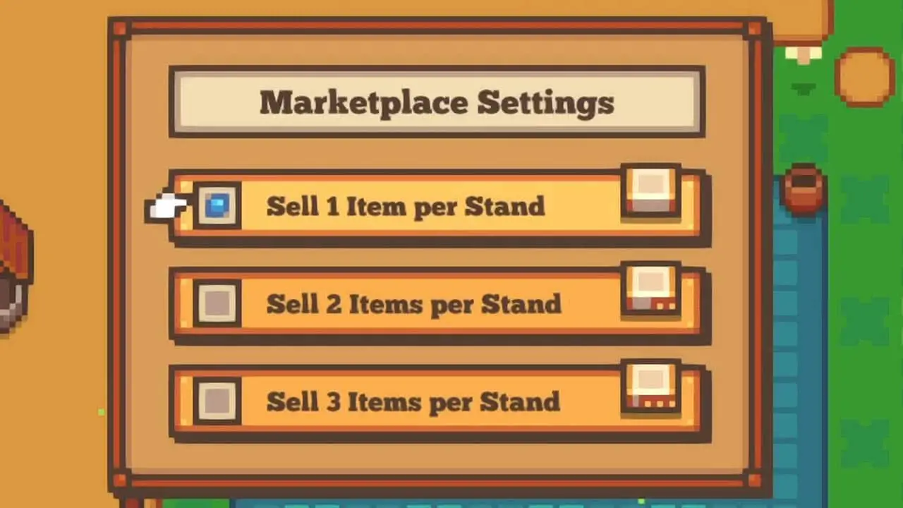 A brown message board up close with three differnet options with the heading Marketplace Settings