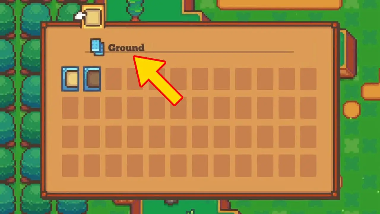 A menu screen open with dirt resources with an arrow pointing to the menu title which says Ground