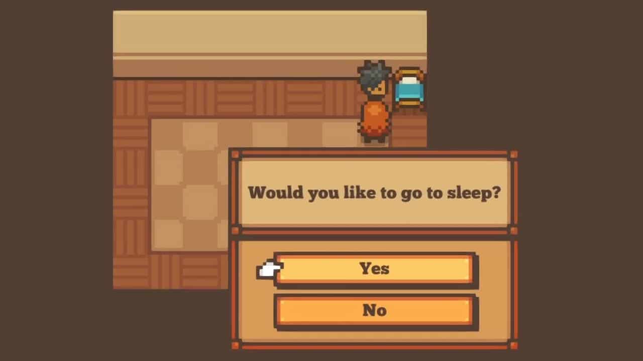 A boy in his house, looking to go to bed with a menu prompt asking if the plkayer wants to go to sleep