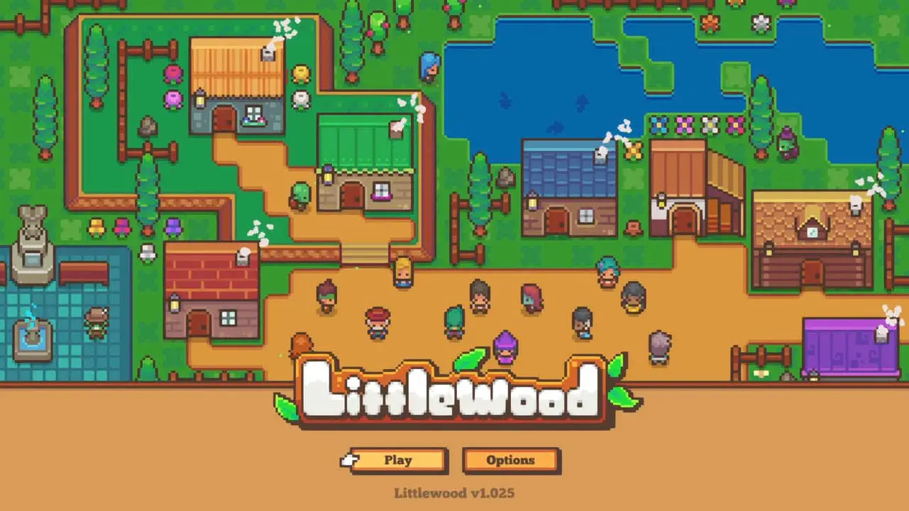 An overhead view of the town, it's townsfolk, and the Littlewood logo at the bottom of the screen