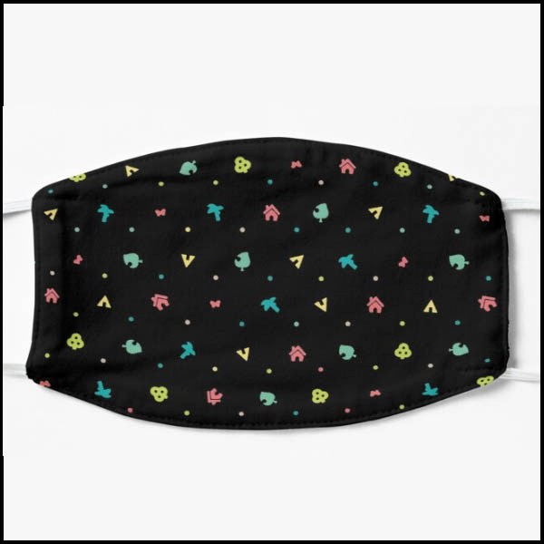 A face mask; black with colorful Animal Crossing related icons