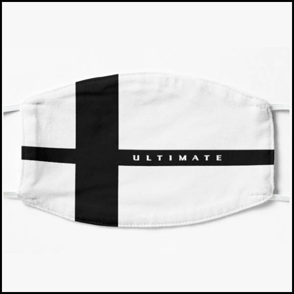 A face mask; white with two black lines crossing each other with the word "Ultimate" at the center