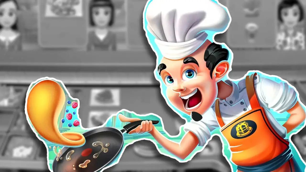 Happy chef flipping pancakes in front of a grayed out diner with customers waiting
