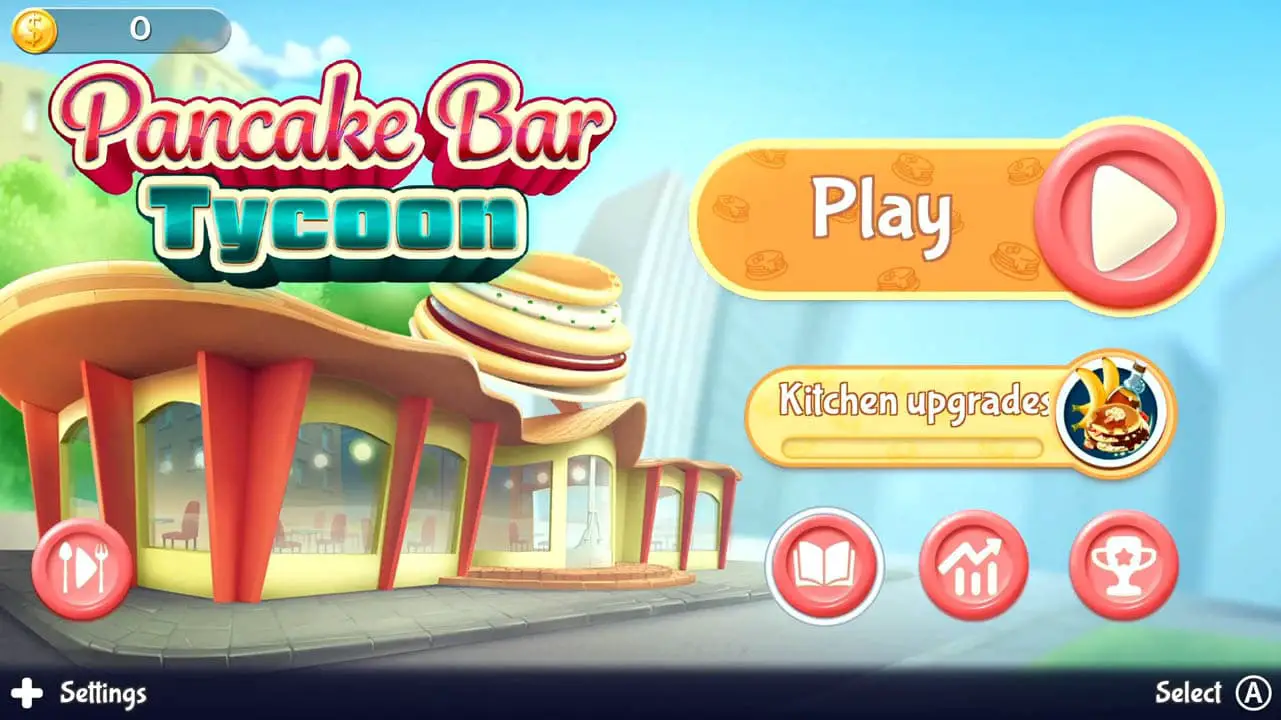 Pancake Bar Tycoon logo in foront of the outside of a diner with menu buttons on teh sides of the screen