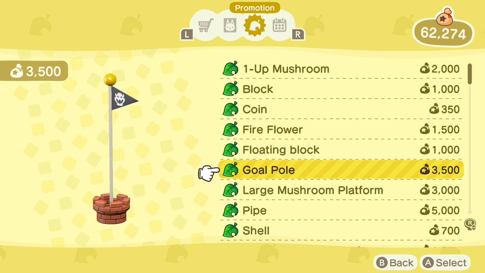 A list of Super Mario themed items available via the Nook Shopping app with the selected item icon to the left of the list 