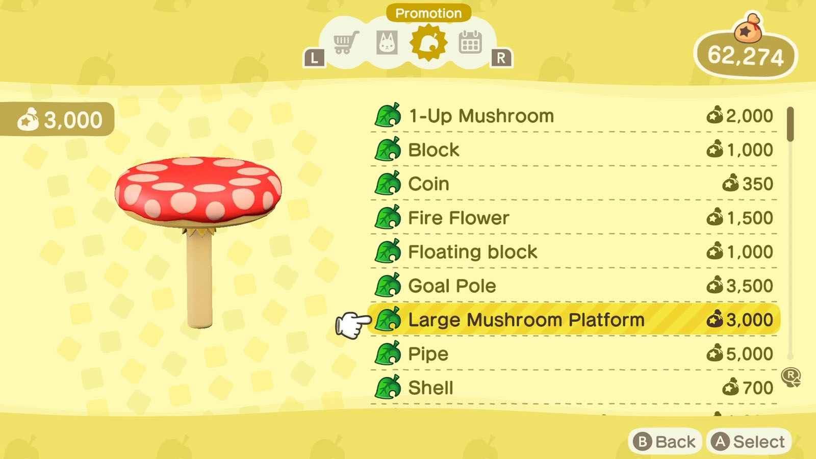 A list of Super Mario themed items available via the Nook Shopping app with the selected item icon to the left of the list 