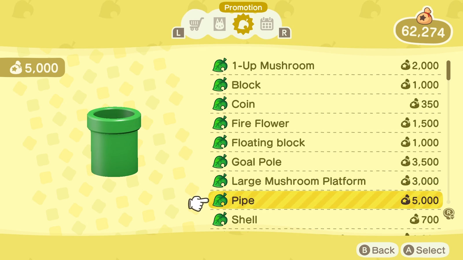 A list of Super Mario themed items available via the Nook Shopping app with the selected item icon to the left of the list 