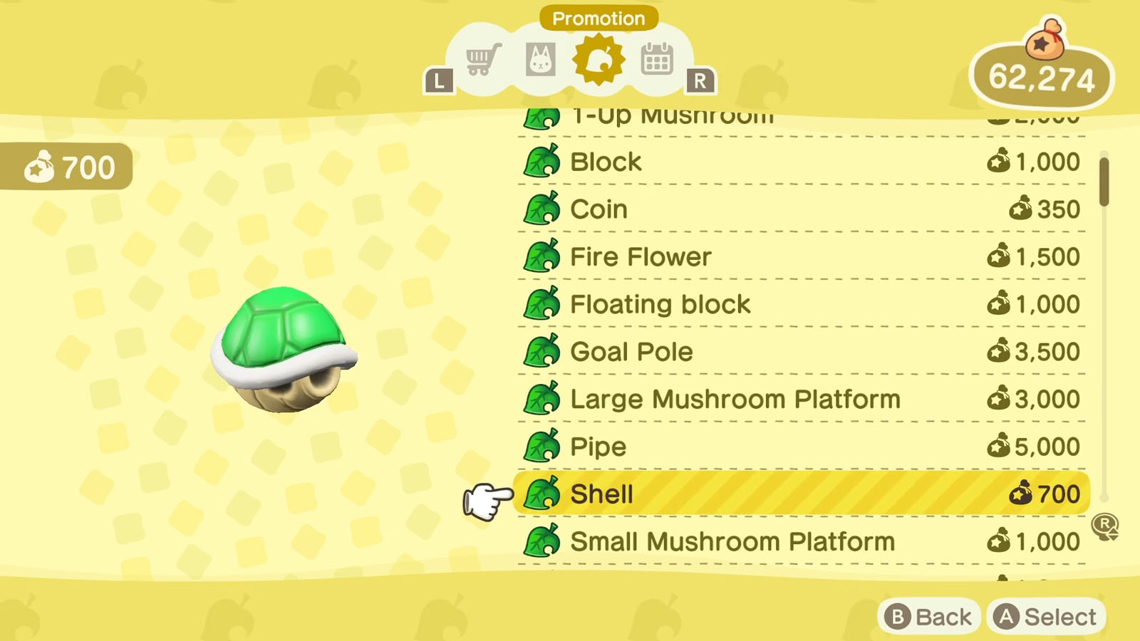 A list of Super Mario themed items available via the Nook Shopping app with the selected item icon to the left of the list 