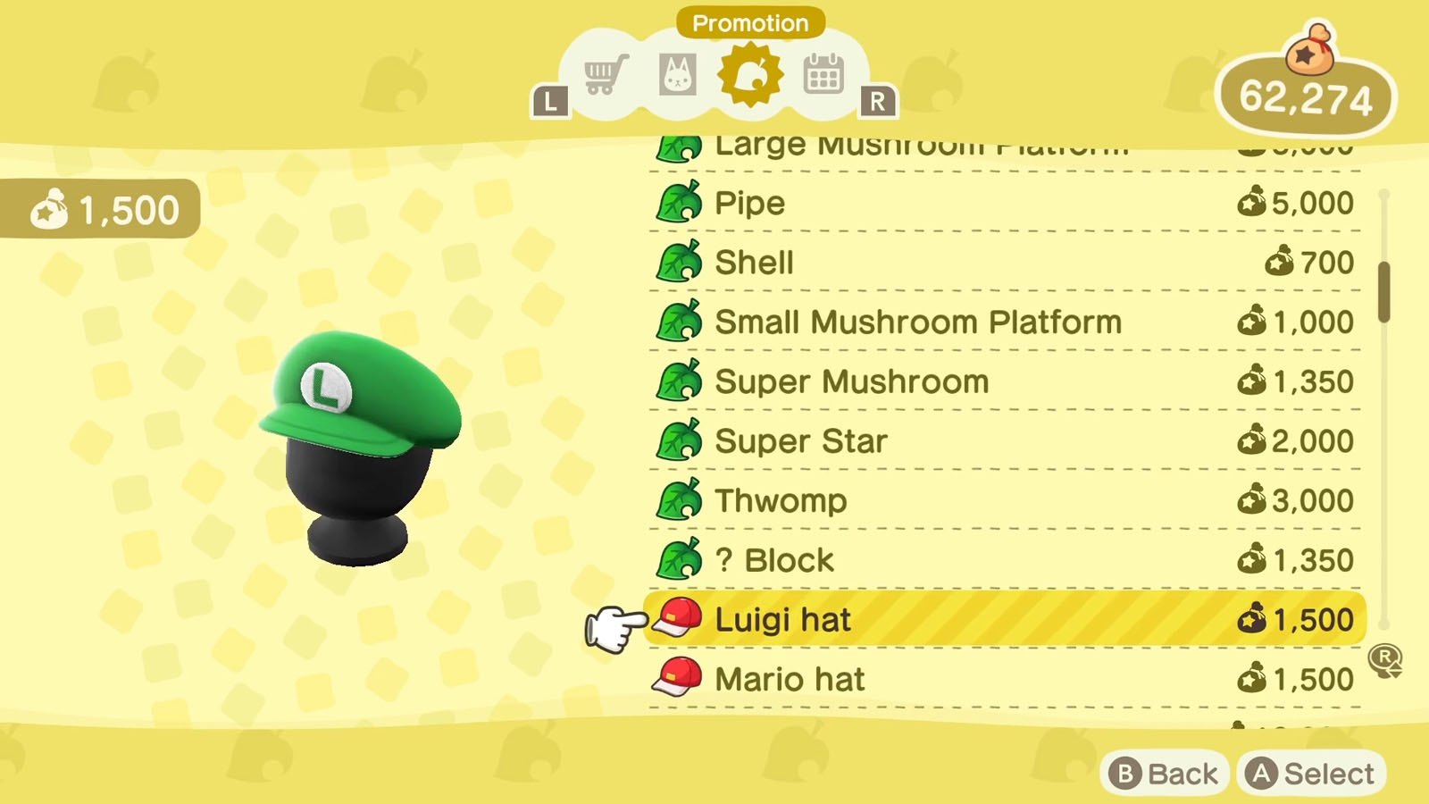 A list of Super Mario themed items available via the Nook Shopping app with the selected item icon to the left of the list