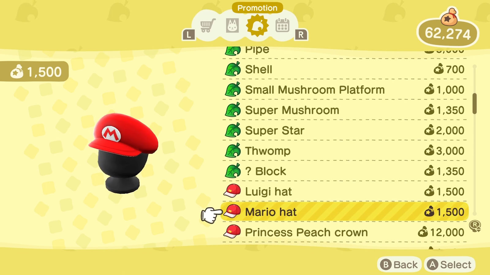 A list of Super Mario themed items available via the Nook Shopping app with the selected item icon to the left of the list