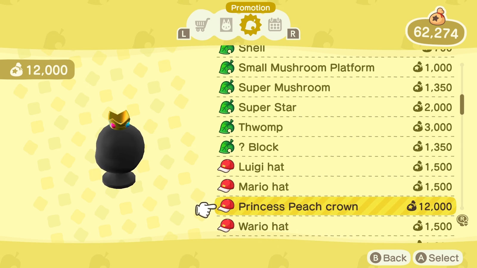 A list of Super Mario themed items available via the Nook Shopping app with the selected item icon to the left of the list