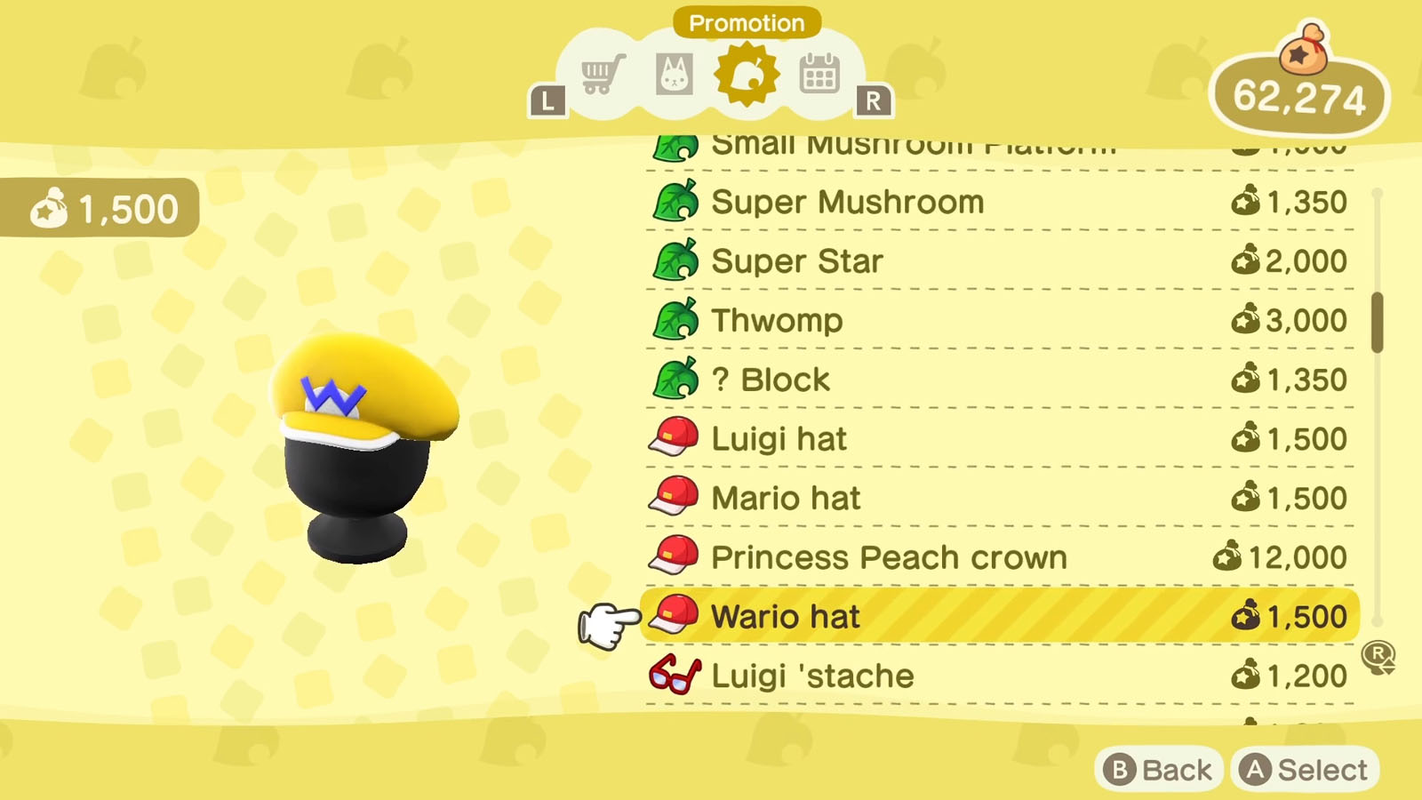 A list of Super Mario themed items available via the Nook Shopping app with the selected item icon to the left of the list