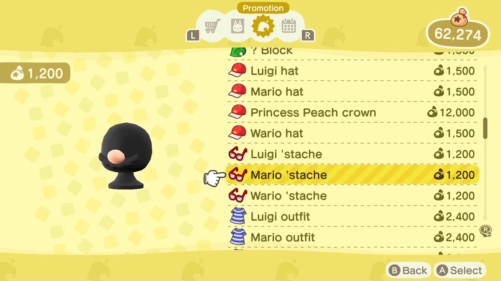 A list of Super Mario themed items available via the Nook Shopping app with the selected item icon to the left of the list