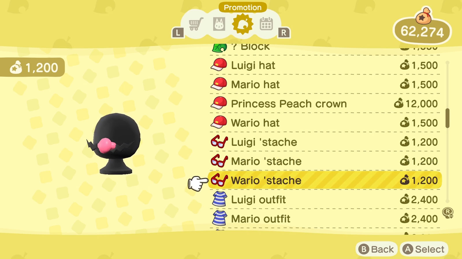 A list of Super Mario themed items available via the Nook Shopping app with the selected item icon to the left of the list