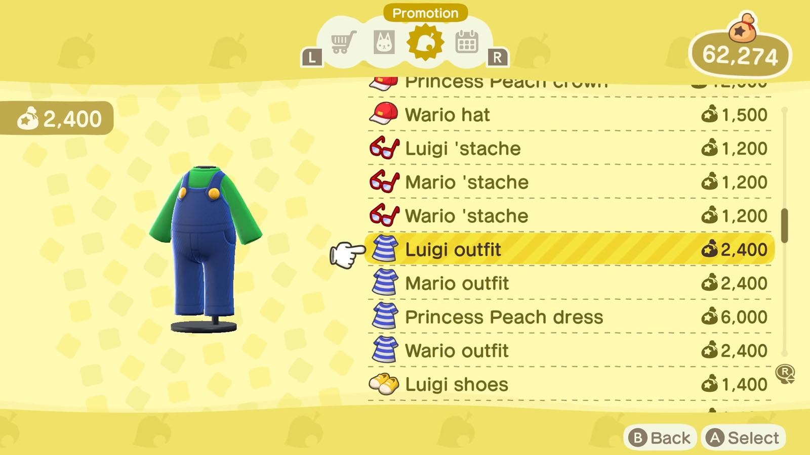 A list of Super Mario themed items available via the Nook Shopping app with the selected item icon to the left of the list