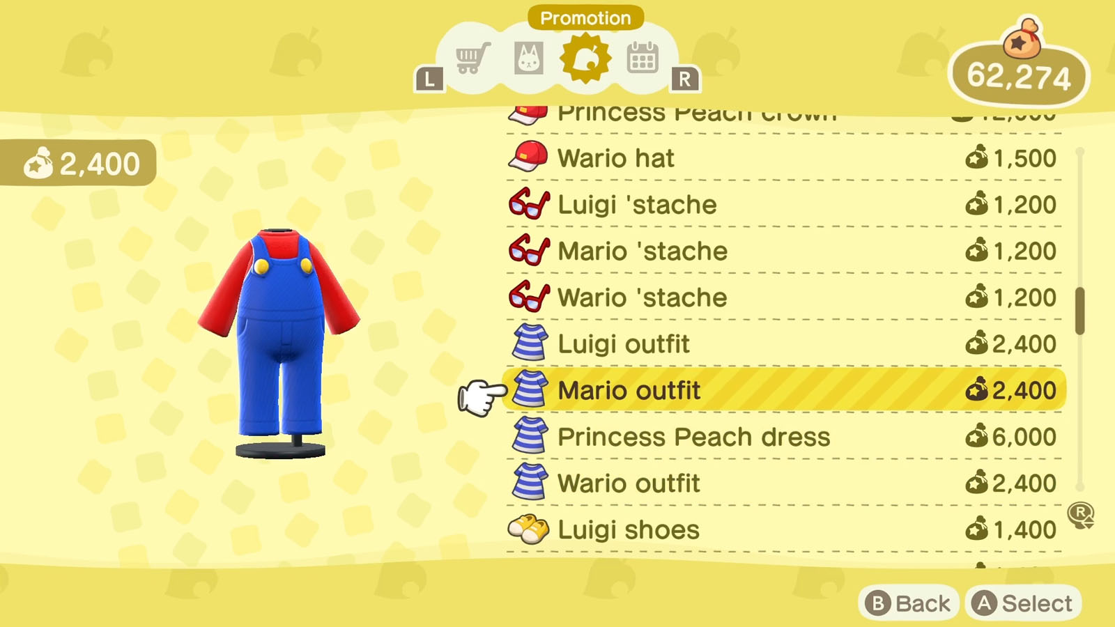 A list of Super Mario themed items available via the Nook Shopping app with the selected item icon to the left of the list