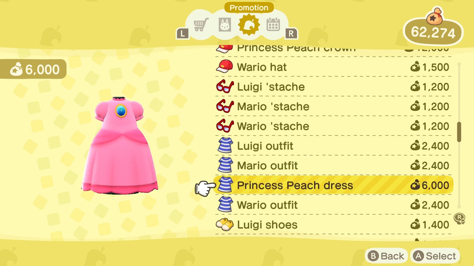 A list of Super Mario themed items available via the Nook Shopping app with the selected item icon to the left of the list