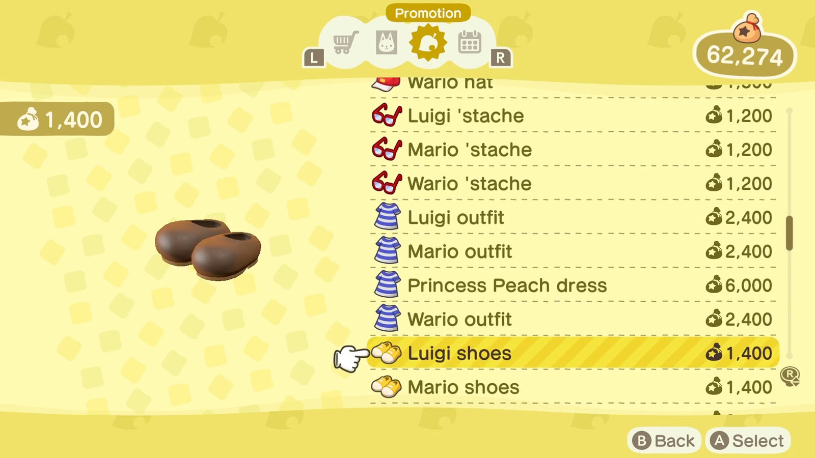 A list of Super Mario themed items available via the Nook Shopping app with the selected item icon to the left of the list