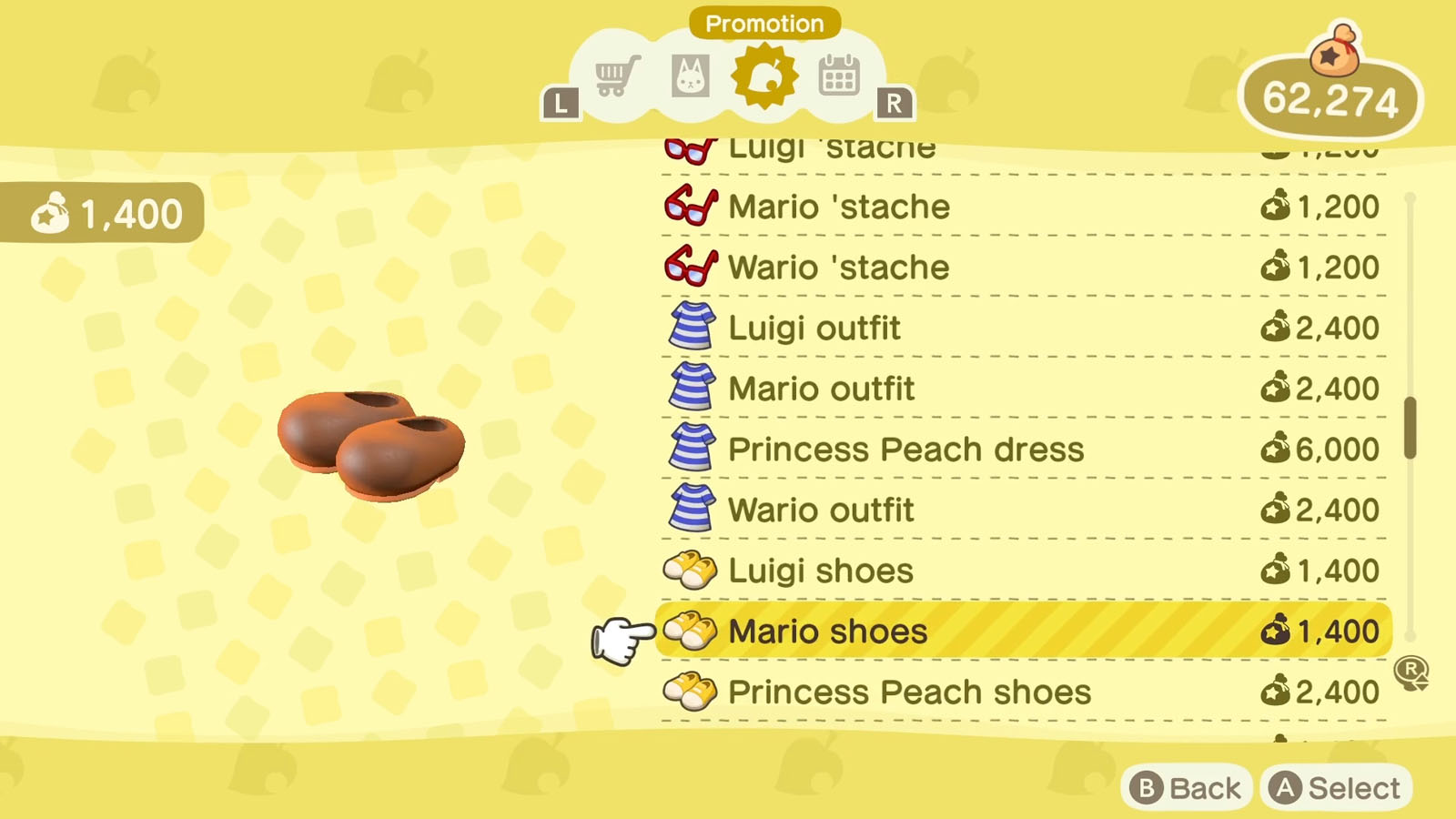 A list of Super Mario themed items available via the Nook Shopping app with the selected item icon to the left of the list