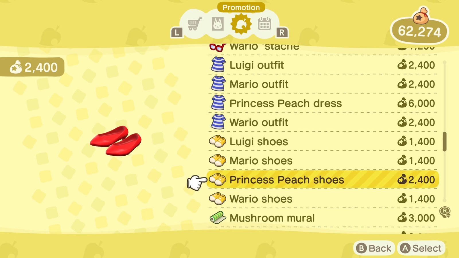 A list of Super Mario themed items available via the Nook Shopping app with the selected item icon to the left of the list