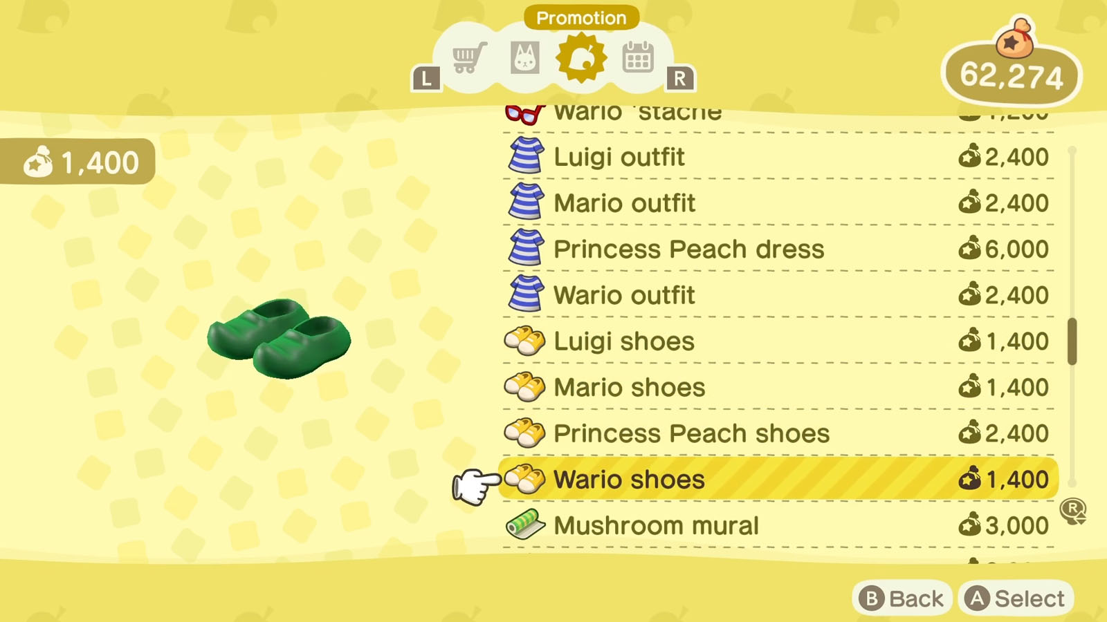 A list of Super Mario themed items available via the Nook Shopping app with the selected item icon to the left of the list