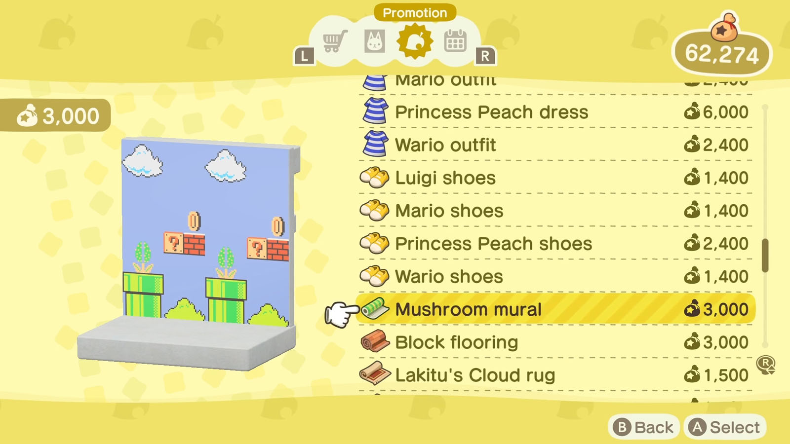 A list of Super Mario themed items available via the Nook Shopping app with the selected item icon to the left of the list