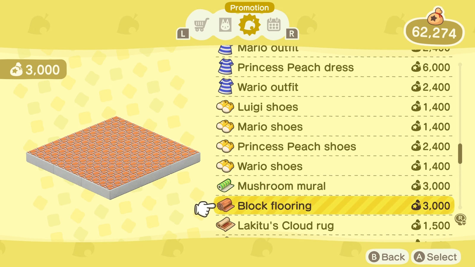 A list of Super Mario themed items available via the Nook Shopping app with the selected item icon to the left of the list