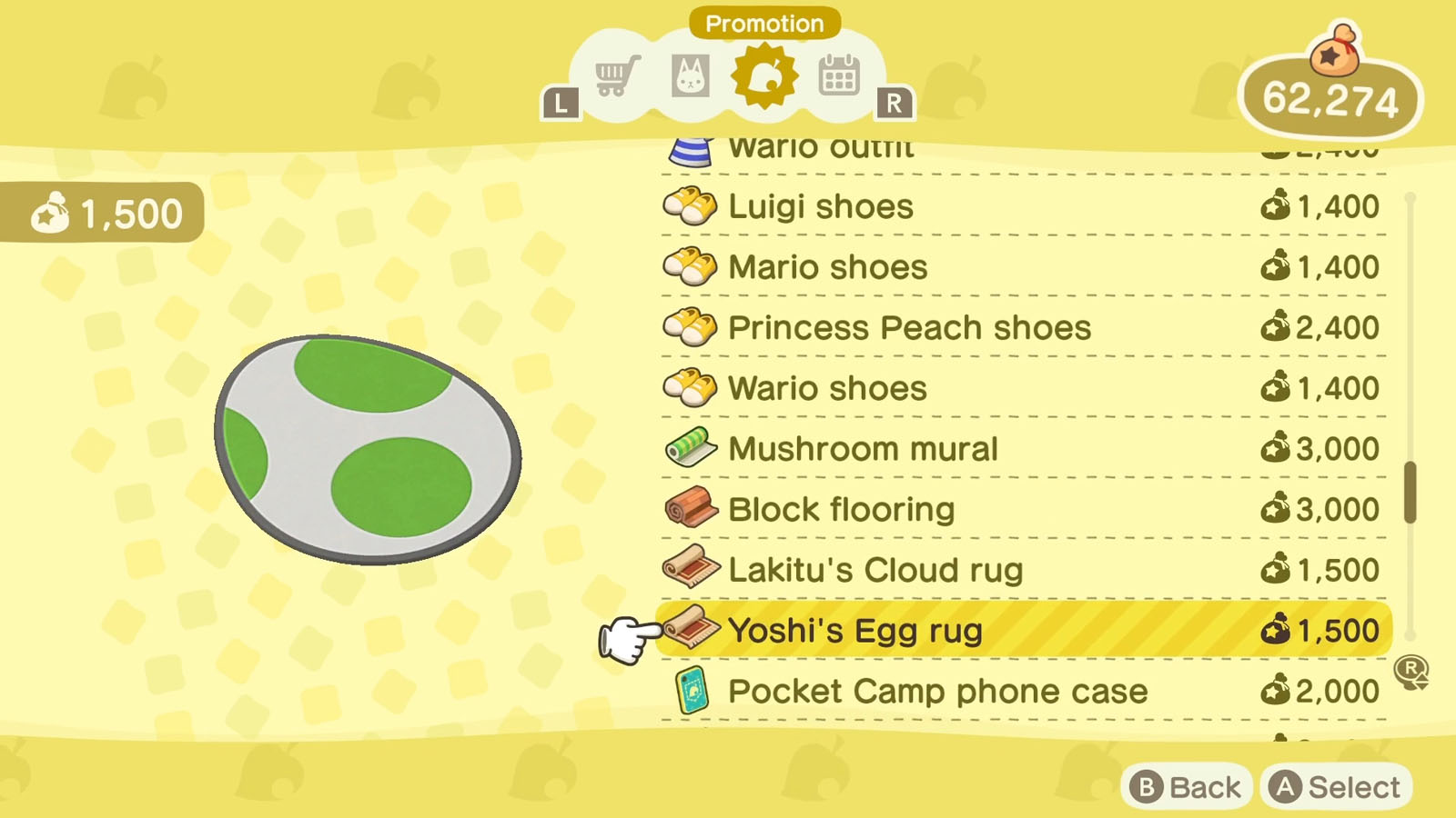 A list of Super Mario themed items available via the Nook Shopping app with the selected item icon to the left of the list