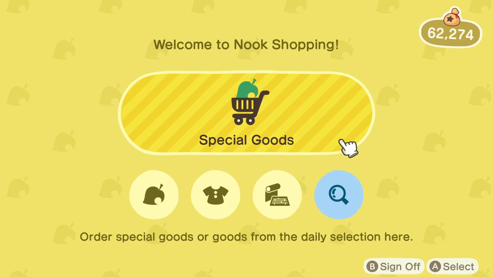 The yellow Nook Shopping home menu screen