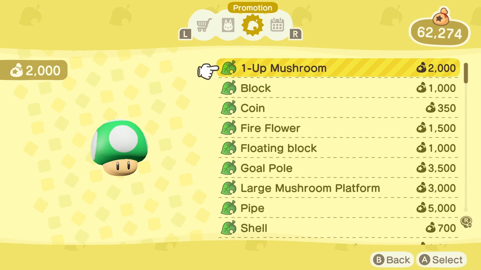 A list of Super Mario themed items available via the Nook Shopping app with the selected item icon to the left of the list 