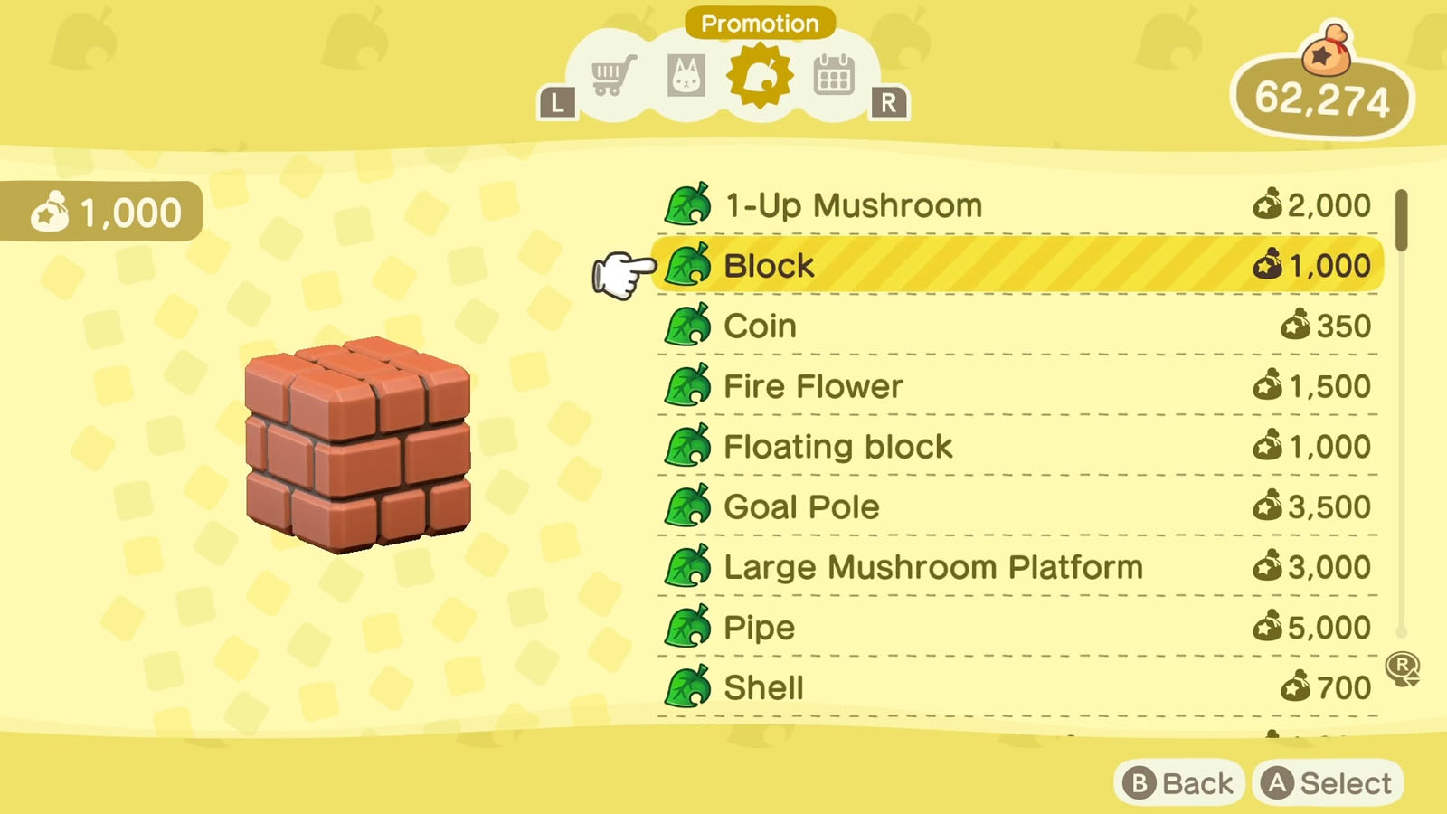 A list of Super Mario themed items available via the Nook Shopping app with the selected item icon to the left of the list 